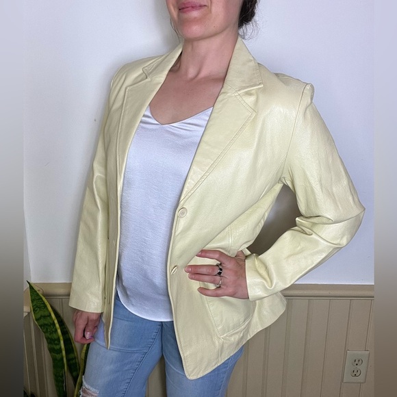 Vintage Y2K Metrostyle Butter Yellow Summer Leather Blazer Jacket Women's Sz 14 - Picture 1 of 10